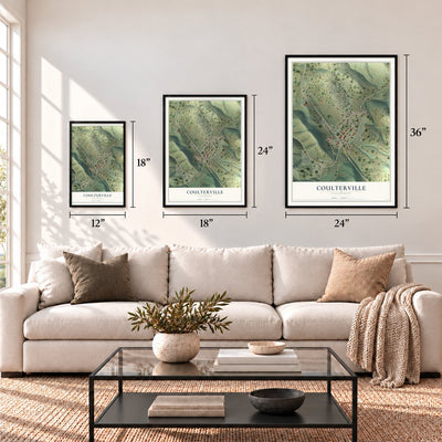 Coulterville, California map in 12 x 18, 18 x 24 and 24 x 36 inch sizes above a sofa