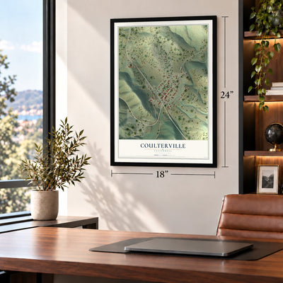 Coulterville, California map, 18 x 24 inch print in a black frame in a home office