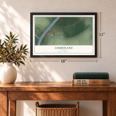 Courtland, California map, 12 x 18 inch print in a black frame in an entryway