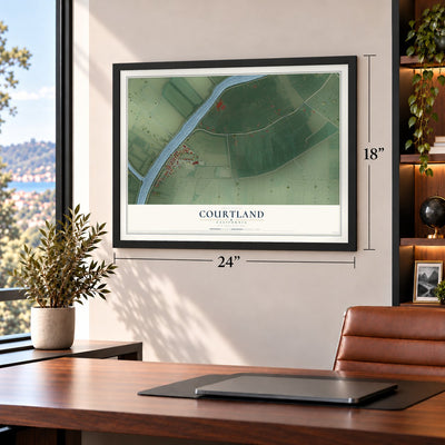 Courtland, California map, 18 x 24 inch print in a black frame in a home office