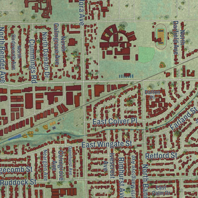 Close-up of the map of Covina, California print showing street and building detail