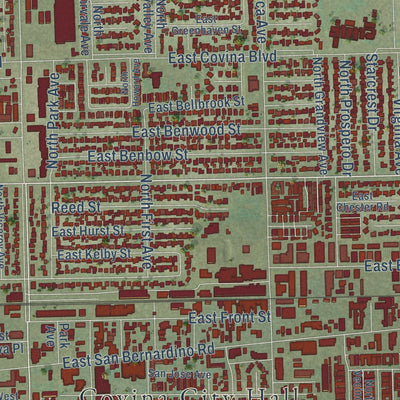 Second close-up of the map of Covina, California print showing more streets and buildings