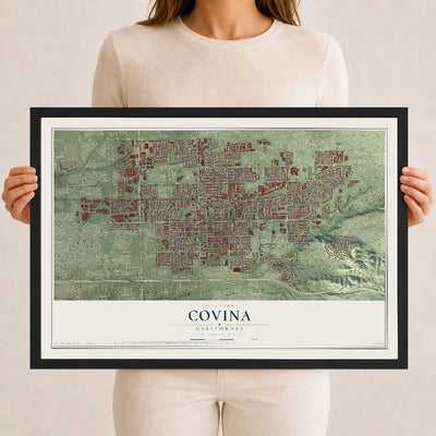 Map of Covina, California, 12 x 18 inch print in a black wood frame