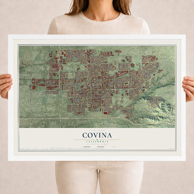 Map of Covina, California, 18 x 24 inch print in a white wood frame