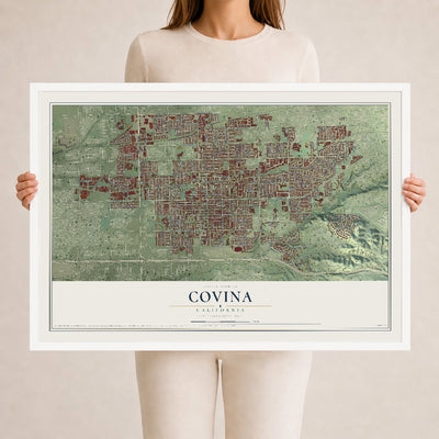 Map of Covina, California, 24 x 36 inch print in a white wood frame