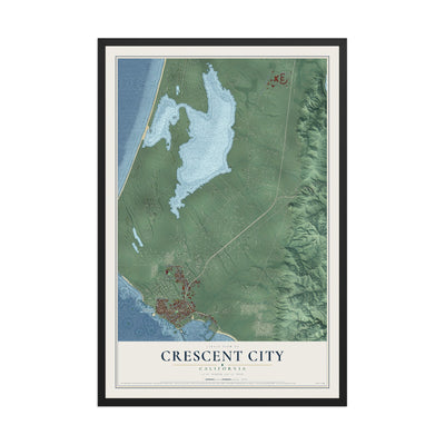 Map of Crescent City, California, 12 x 18 inch print in a black wood frame