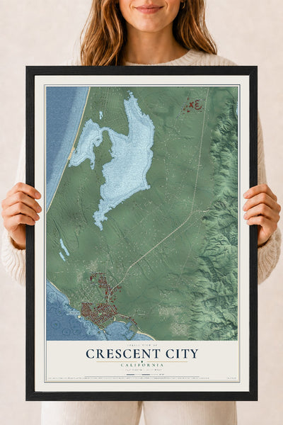 Map of Crescent City, California, 18 x 24 inch print in a black wood frame