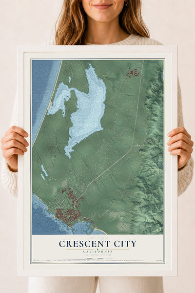 Map of Crescent City, California, 18 x 24 inch print in a white wood frame