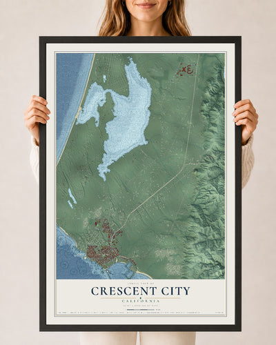 Map of Crescent City, California, 24 x 36 inch print in a black wood frame