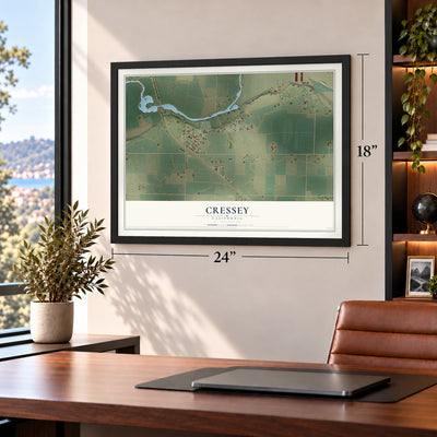 Cressey, California map, 18 x 24 inch print in a black frame in a home office
