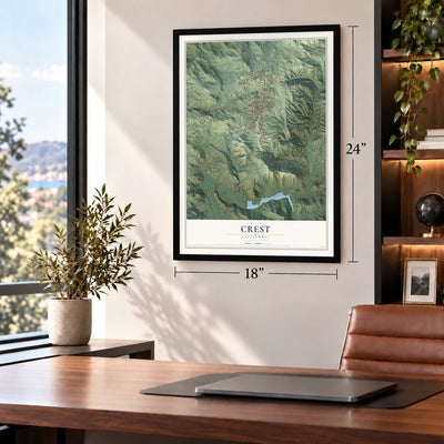 Crest, California map, 18 x 24 inch print in a black frame in a home office