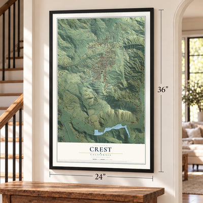Crest, California map, 24 x 36 inch print in a black frame by a staircase