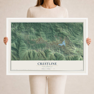 Map of Crestline, California, 24 x 36 inch print in a white wood frame