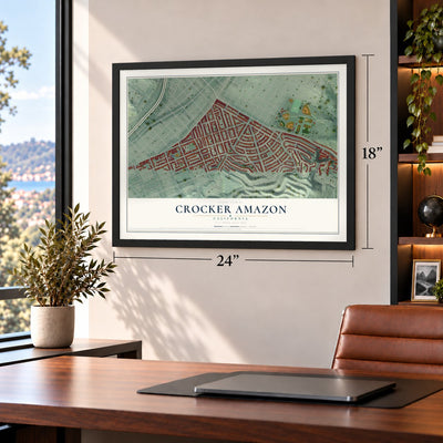 Crocker Amazon, California map, 18 x 24 inch print in a black frame in a home office