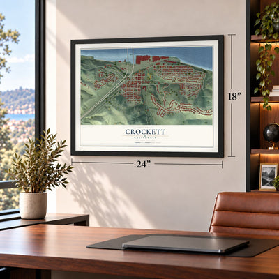 Crockett, California map, 18 x 24 inch print in a black frame in a home office