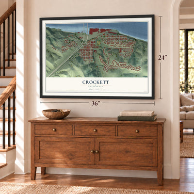 Crockett, California map, 24 x 36 inch print in a black frame above a dresser by a staircase