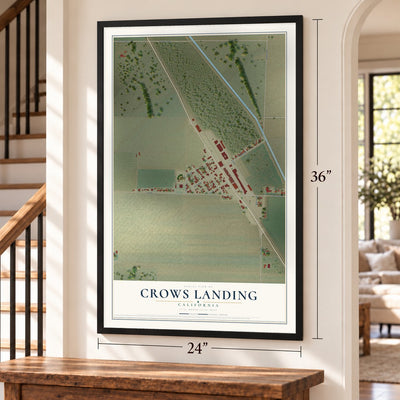 Crows Landing, California map, 24 x 36 inch print in a black frame by a staircase