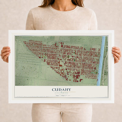 Map of Cudahy, California, 12 x 18 inch print in a white wood frame