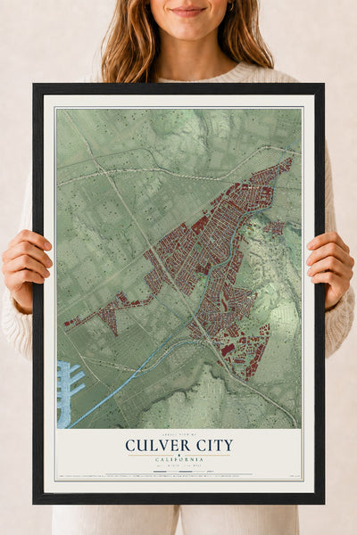 Map of Culver City, California, 18 x 24 inch print in a black wood frame