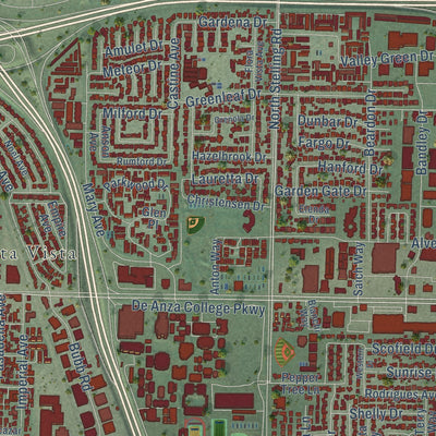 Second close-up of the map of Cupertino, California print showing more streets and buildings