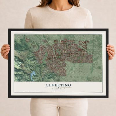 Map of Cupertino, California, 12 x 18 inch print in a black wood frame