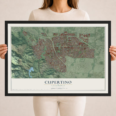 Map of Cupertino, California, 18 x 24 inch print in a black wood frame