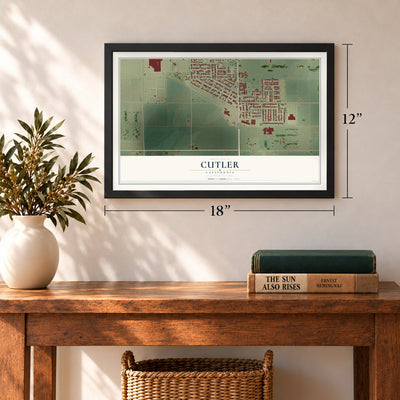 Cutler, California map, 12 x 18 inch print in a black frame in an entryway