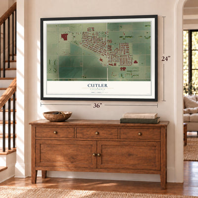 Cutler, California map, 24 x 36 inch print in a black frame above a dresser by a staircase