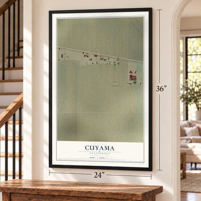 Cuyama, California map, 24 x 36 inch print in a black frame by a staircase