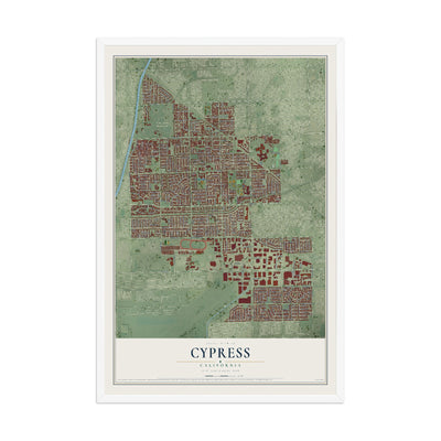 Map of Cypress, California, 12 x 18 inch print in a white wood frame