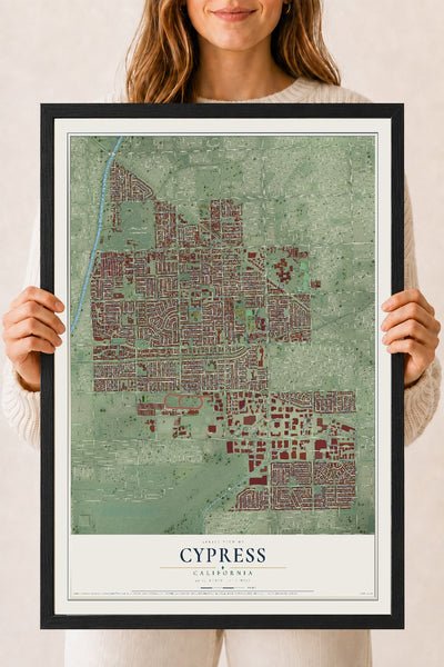 Map of Cypress, California, 18 x 24 inch print in a black wood frame