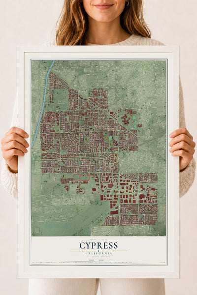 Map of Cypress, California, 18 x 24 inch print in a white wood frame