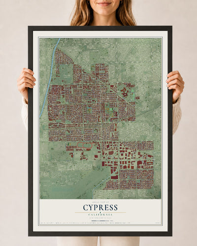 Map of Cypress, California, 24 x 36 inch print in a black wood frame