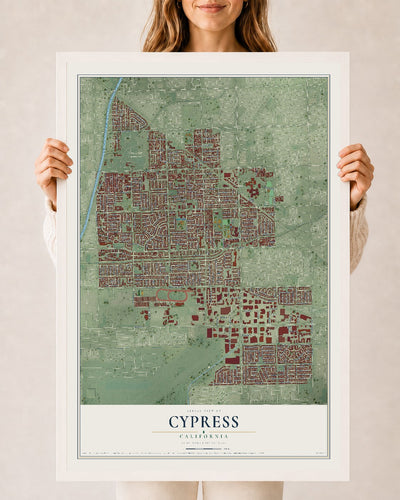 Map of Cypress, California, 24 x 36 inch print in a white wood frame