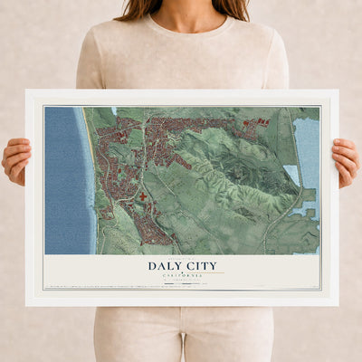 Map of Daly City, California, 12 x 18 inch print in a white wood frame