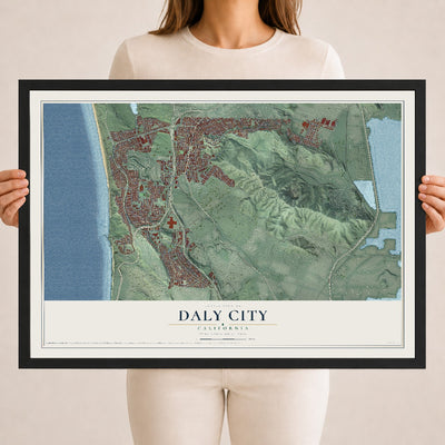 Map of Daly City, California, 18 x 24 inch print in a black wood frame