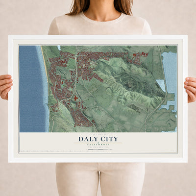 Map of Daly City, California, 18 x 24 inch print in a white wood frame