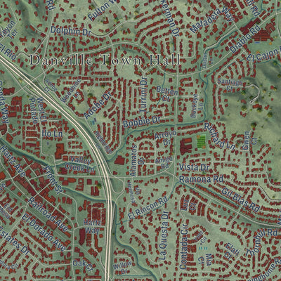 Close-up of the map of Danville, California print showing street and building detail