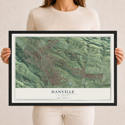 Map of Danville, California, 12 x 18 inch print in a black wood frame