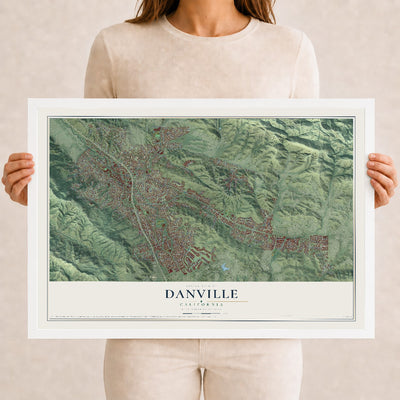 Map of Danville, California, 12 x 18 inch print in a white wood frame