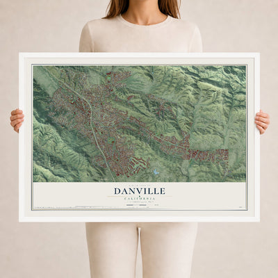 Map of Danville, California, 24 x 36 inch print in a white wood frame