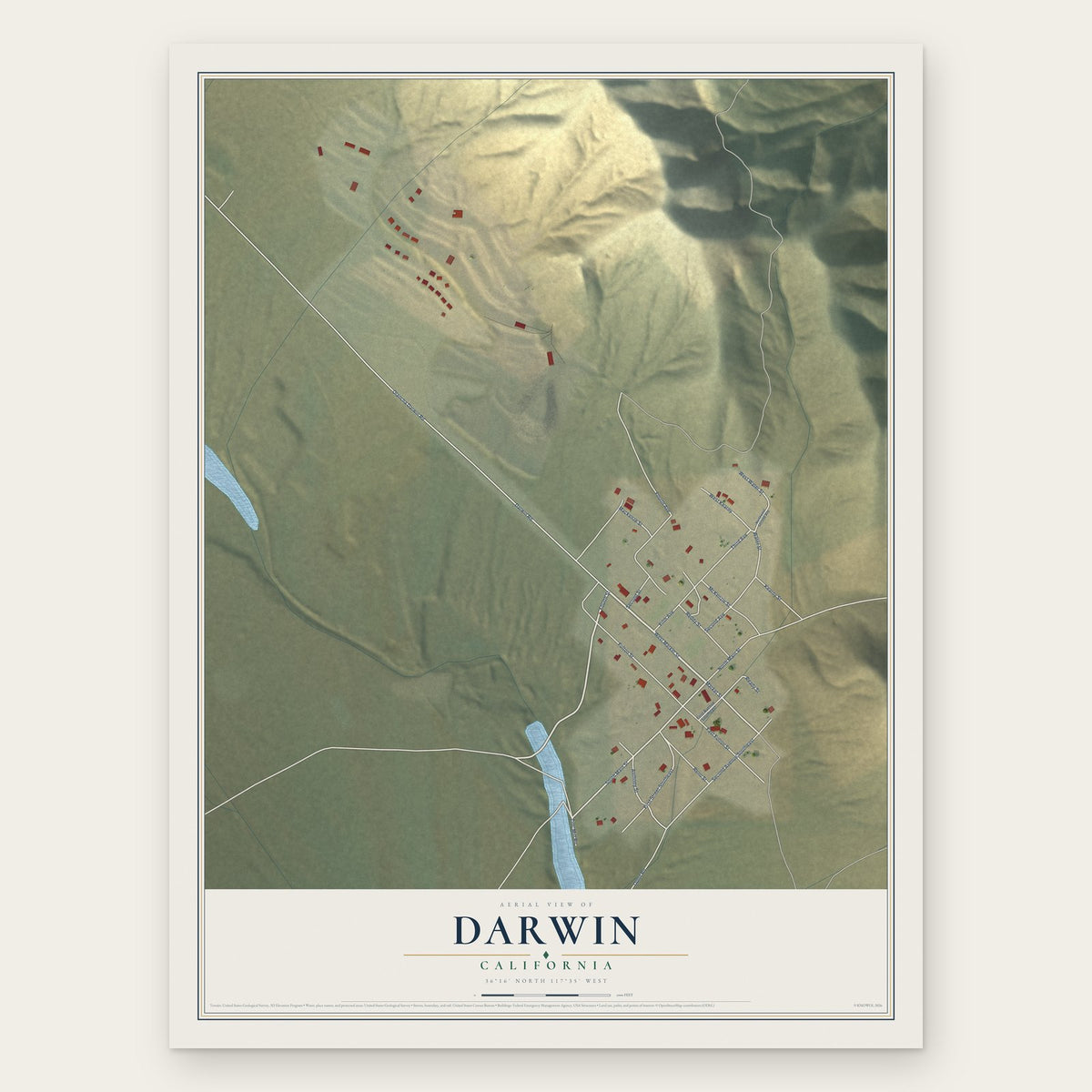 Darwin, California map print, the full design