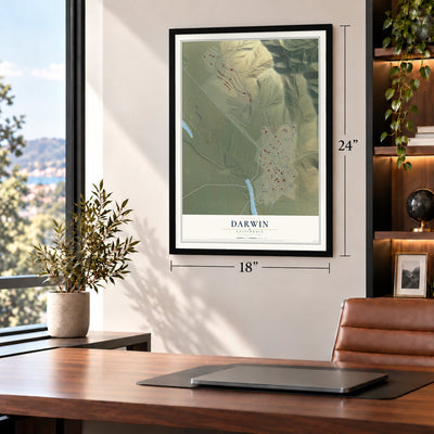 Darwin, California map, 18 x 24 inch print in a black frame in a home office