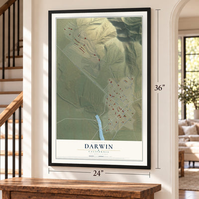 Darwin, California map, 24 x 36 inch print in a black frame by a staircase