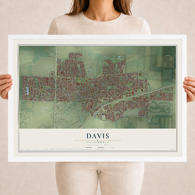 Map of Davis, California, 18 x 24 inch print in a white wood frame