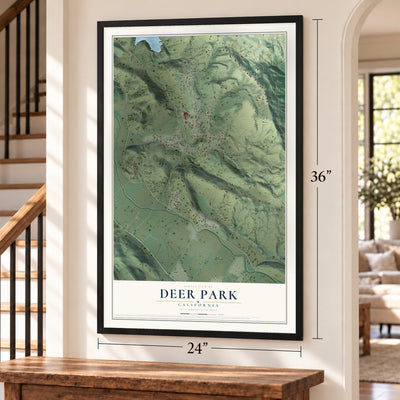 Deer Park, California map, 24 x 36 inch print in a black frame by a staircase