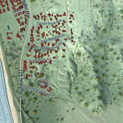Second close-up of the map of Del Mar, California print showing more streets and buildings