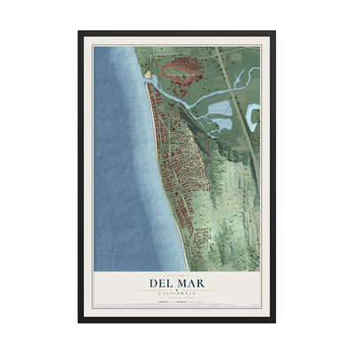 Map of Del Mar, California, 12 x 18 inch print in a black wood frame