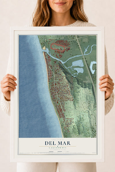 Map of Del Mar, California, 18 x 24 inch print in a white wood frame