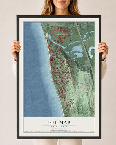 Map of Del Mar, California, 24 x 36 inch print in a black wood frame
